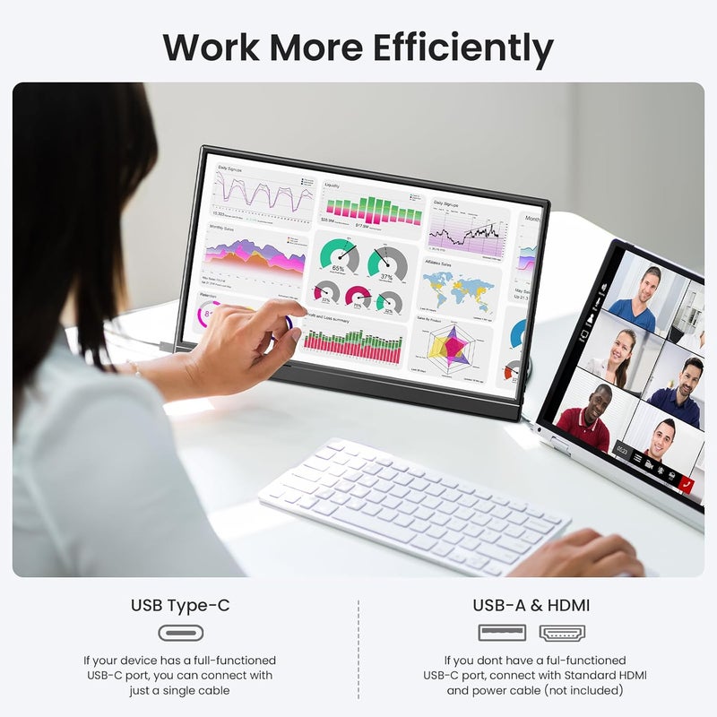 KQC شاشة محمولة 15.6" 1080P FHD IPS، شاشة سفر فائقة النحافة USB-C HDMI مع حامل، موسع شاشة بدون حواف لأجهزة اللابتوب، ماك، هاتف، PS، إكس بوكس، ألعاب سويتش - Image 5